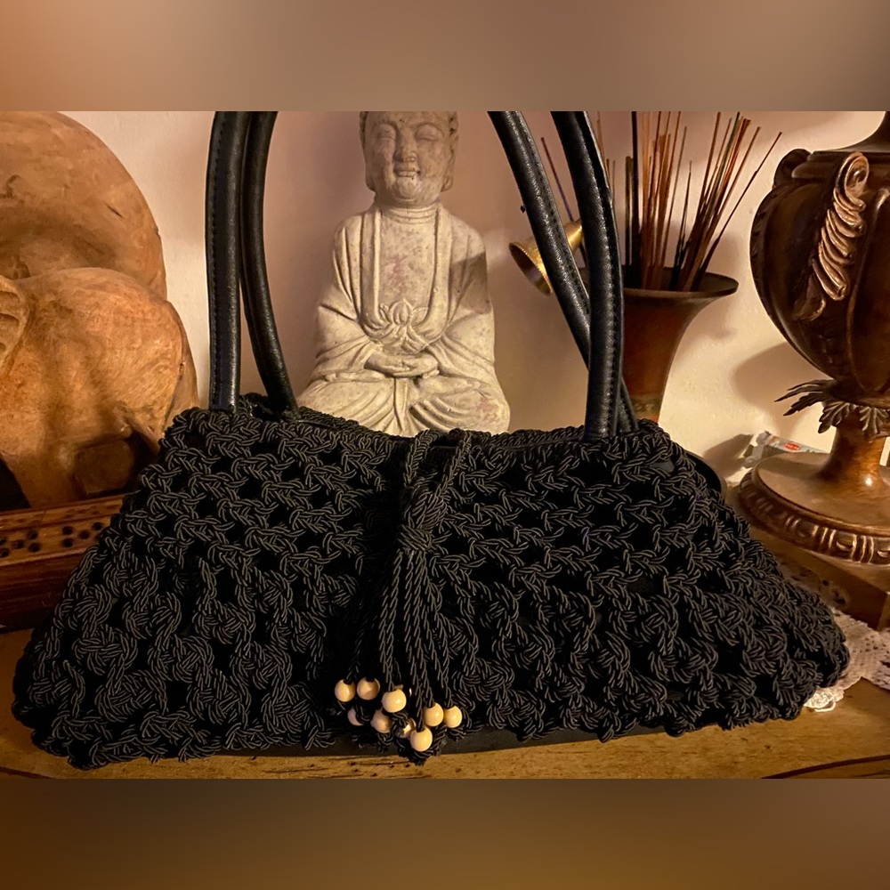 Coldwater Creek Macrame Black Purse with Tassle and Beads
